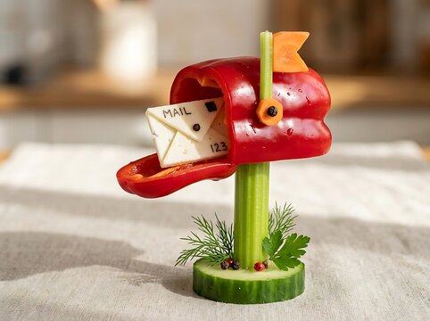 Creative vegetable carving shaped like a mailbox with cheese letters