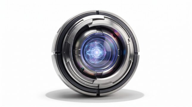 Futuristic robotic eye with metallic chrome finish, high-tech cybernetic camera lens, sci-fi artificial intelligence vision sensor on white background