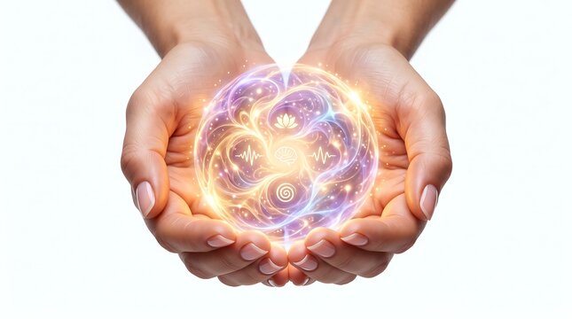 Human hands holding a glowing energy sphere with lotus and brain symbols on white background