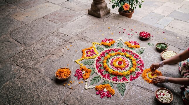 Woman creating traditional rangoli with colorful flower petals on ston