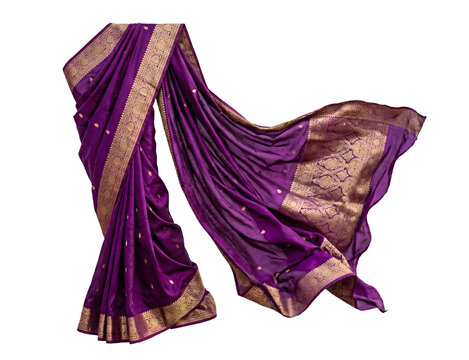 Floating purple silk saree with gold motifs on black background. Royal elegance and dynamic festive Indian fashion concept.