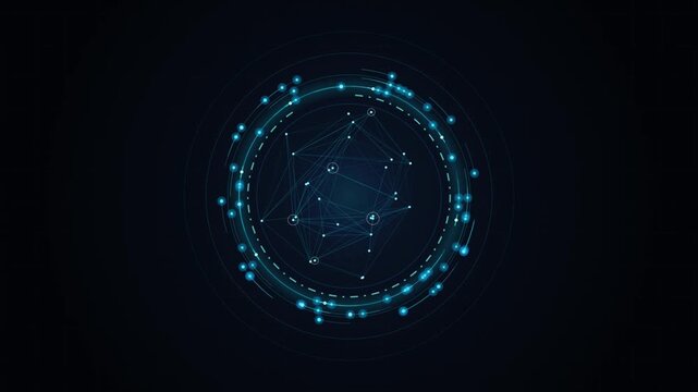Futuristic digital network sphere with blue glowing nodes rotating on dark background in seamless loop motion.