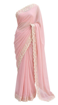 Light pink sheer saree with floral lace border on mannequin. Contemporary ethnic minimalism and spring fashion concept.