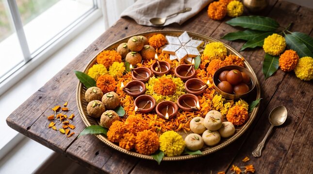 Diwali festival platter with traditional Indian sweets and lit oil lam