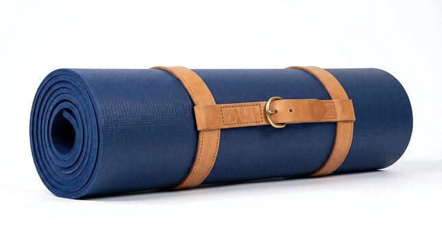Rolled blue yoga mat with tan leather carrying straps and metal buckle on white background
