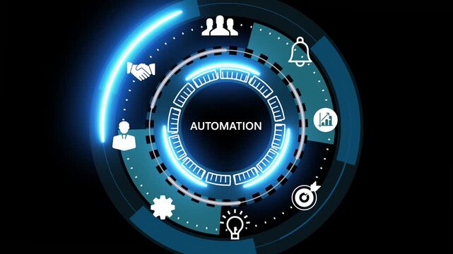Futuristic blue circular hud interface with recruitment text in center, surrounded by business and technology dark background, digital dashboard concept 4k video.