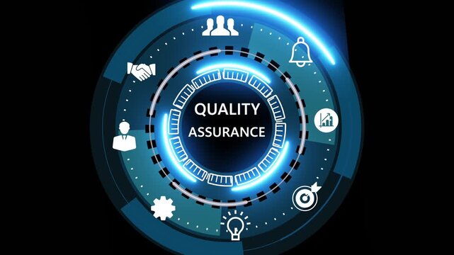 Futuristic blue digital interface HUD with circular infographic and icons surrounding the words quality assurance, suggesting software testing