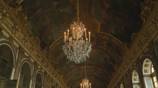 Hall of Mirrors Interior with Chandeliers and Baroque Decoration at the Palace of Versailles, France