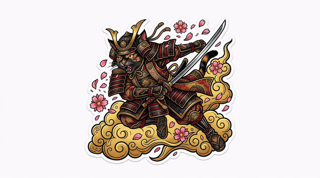Illustration of brave cat warrior wearing Japanese samurai armor with katana sword,sticker tattoo style isolated on white background