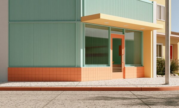 Retro storefront facade with pastel turquoise and warm orange color tone