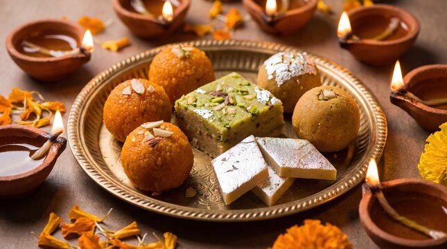 Assorted traditional Indian sweets for Diwali festival on a golden pla