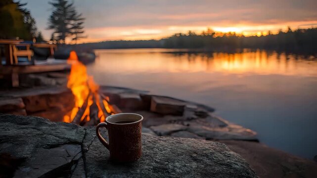 Peaceful lakeshore campfire reflecting golden sunset light hot tea mug nearby