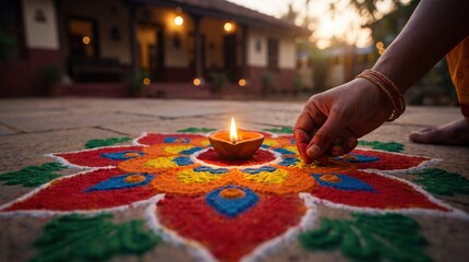 Woman creating colorful rangoli design with glowing diya lamp for Diwa
