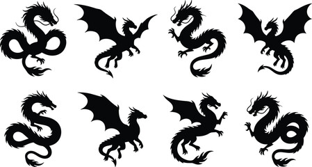 Fototapeta premium Set of black flying and winding dragon silhouettes in various mythical poses on white