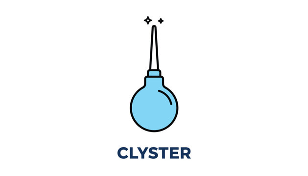 Medical illustration of a blue clyster enema bulb syringe with small sparkles and text on a white background.