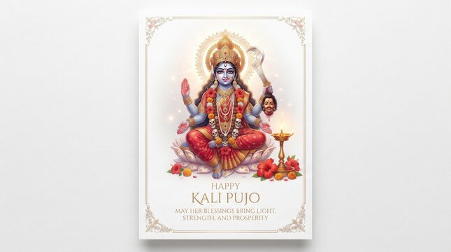 Kali Pujo greeting card illustration featuring Goddess Kali sitting on lotus with lamp and holy text hindu festival diwali celebration