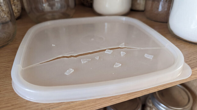 Broken plastic food container lid with fragments on a kitchen shelf, showing damage and waste concept