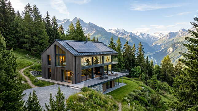 Modern sustainable house with solar panels surrounded by evergreen forest and dramatic mountain scenery, representing eco-friendly architecture, renewable energy, sustainable living, and nature