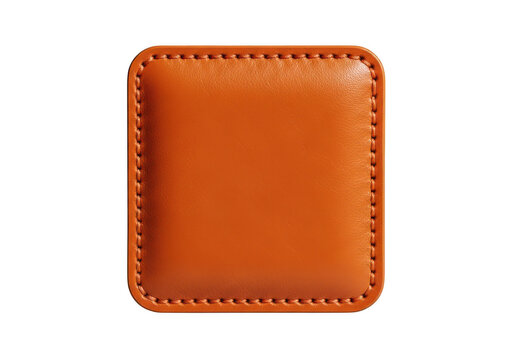 Square orange leather patch with decorative stitched border isolated on transparent background