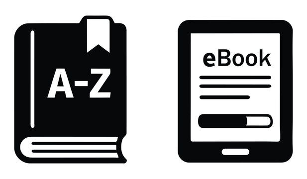Dictionary and ebook reader icons for digital and traditional learning.