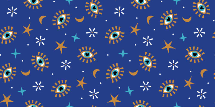 Blue eyes vector, black background, traditional cultural symbol, protection from evil eye seamless pattern