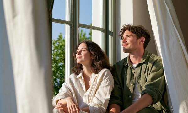 Happy young couple look out bright window at home during sunny morning sun