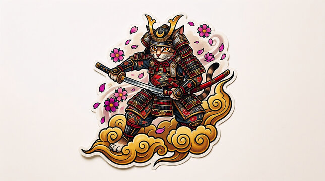 Illustration of brave cat warrior wearing Japanese samurai armor with katana sword,sticker tattoo style isolated on white background