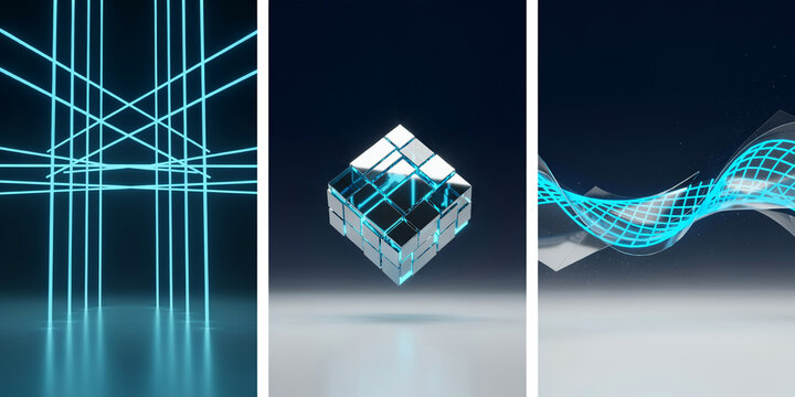 Abstract technology backgrounds with glowing blue light grids and metallic cube structures