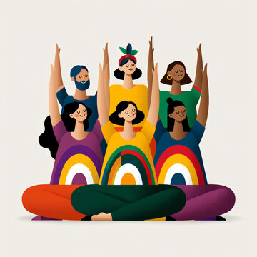 Scenic and perfectly framed perspective of multicultural yoga class performing synchronized rainbow yoga poses, harmonious composition, bright modern colors, minimal background, commercial stock