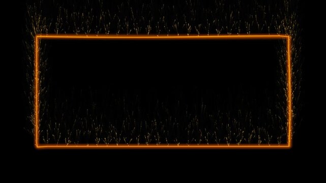 Glowing orange rectangular frame with rising particle sparks on black background