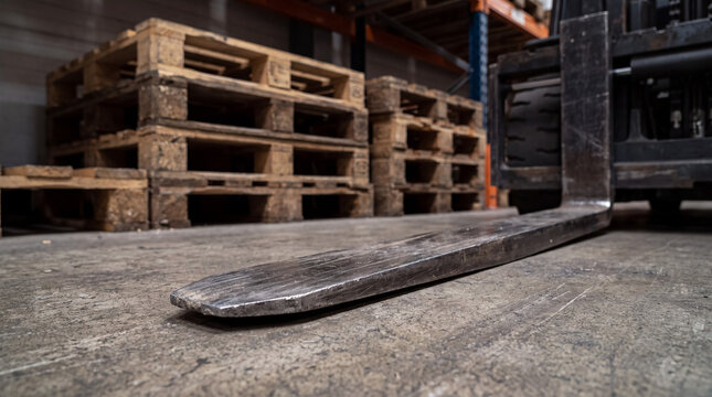 Forklift fork resting on warehouse floor near stacked wooden pallets, showing industrial logistics and storage operations