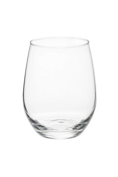 Clear empty stemless wine glass with a wide rim and rounded base, isolated on a clean white background