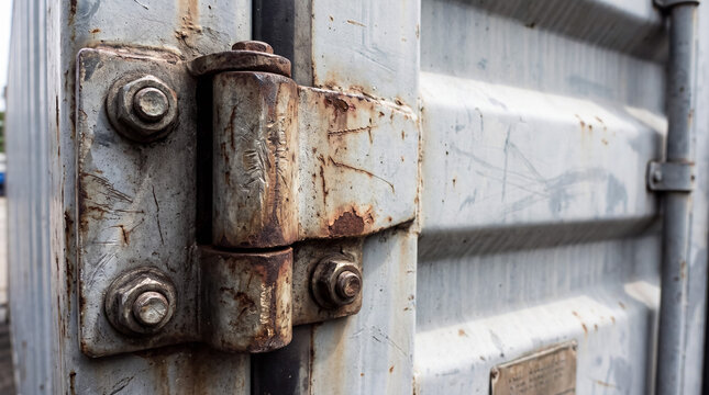Rusty shipping container hinge showing corrosion and weathered metal texture on an old cargo door surface