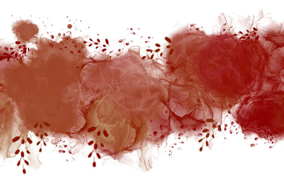 Terracotta and Red Watercolor Floral Clouds with Ink Wash on Black Background