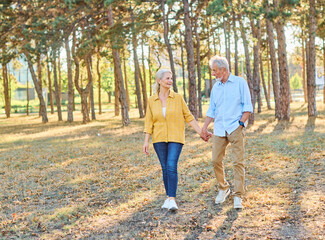 Obraz premium Happy active senior couple having fun talking holding hands and bonding in park outdoors