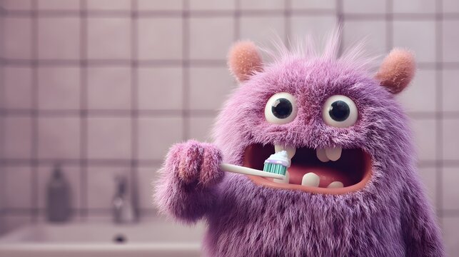 Fluffy purple monster character brushing teeth in bathroom with tile wall background