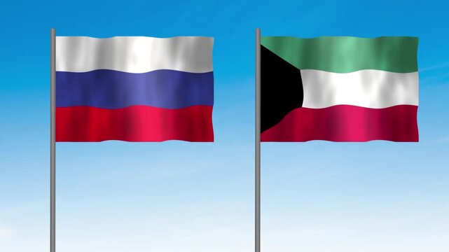 Flag of Kuwait and Russia, Pole flag of Kuwait and Russia on clear sky background. Kuwait and Russia flag waving. 
