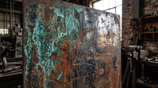 A rectangular metal sheet showing significant rust and green oxidation, mounted in a workshop with brick walls and blurred machinery in background