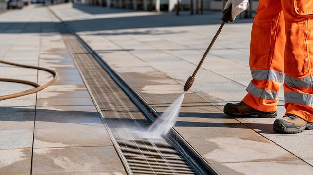 Municipal worker pressure wash stone floor drain exterior city service