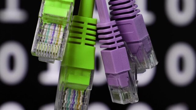 Close-up view of green and purple Ethernet cables connected, showcasing details of the connectors and cable structure, symbolizing networking technology and data communication in digital.