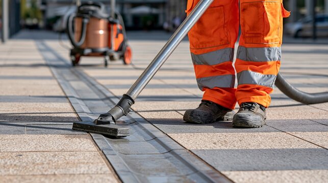 Worker in orange uniform clean urban pavement with industrial vacuum device