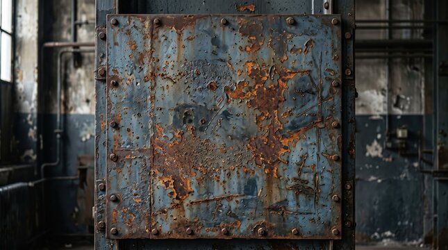 A square metal panel with heavy rust and blue oxidation, secured with rivets to a dark industrial wall in a dimly lit, rustic factory setting