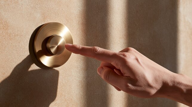 A person hand touch modern gold circular volume control knob on wall