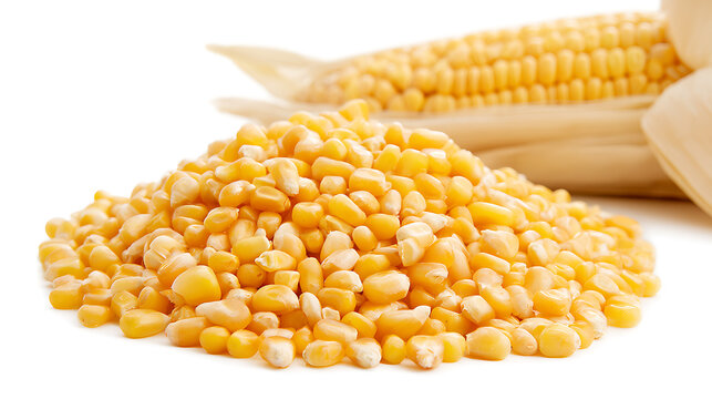 Fresh golden maize kernels, Zea mays, piled near raw corn cobs on white background. Stock photo for agricultural and food design