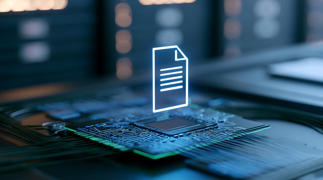 Digital document icon hover over circuit board inside server room, data management software concept for cloud storage and cyber security sys