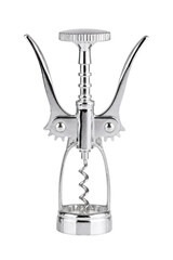 Shiny silver winged corkscrew, a classic wine bottle opener, stands upright with its spiral worm clearly visible on a clean white background © Chinases