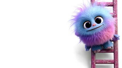 Fototapeta premium Adorable colorful fur-covered monster with big eyes climbing pink wooden ladder