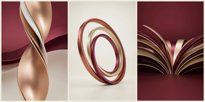 Abstract twisted forms and interlocking rings with layered paper on a dark red background
