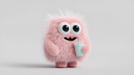 Obraz premium Adorable Pink Fluffy Monster Character Drinking from a Cup on a Plain Background