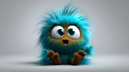 Obraz premium Colorful Fluffy Cartoon Monster Character with Big Eyes Sitting on White Surface